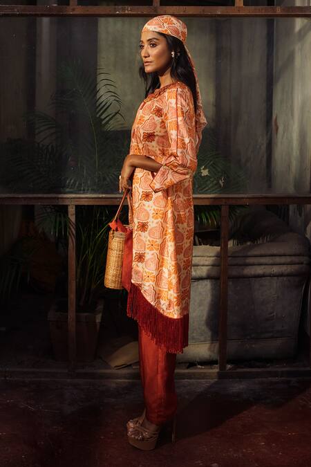 Shop Suave Orange Denim Fringe, Beads Round Neck Wilderness Kurta And Pant Set Online at Aza Fashions Shop_Suave_Orange Denim Fringe, Beads Round Neck Wilderness Kurta And Pant Set_Online_at_Aza_Fashions