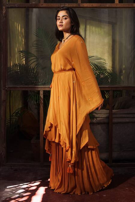 Buy_Suave_Orange Chiffon Embroidery, Beads, Applique V-neck Floral Kaftan And Sharara Set _Online_at_Aza_Fashions