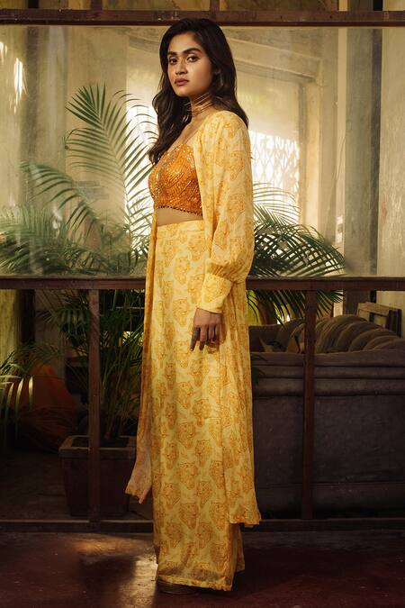 Suave_Orange Chiffon Cut Work, Embroidery Square Neck, Open Lynx Crop Top Pant Set _Online_at_Aza_Fashions