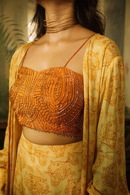 Buy_Suave_Orange Chiffon Cut Work, Embroidery Square Neck, Open Lynx Crop Top Pant Set _Online_at_Aza_Fashions
