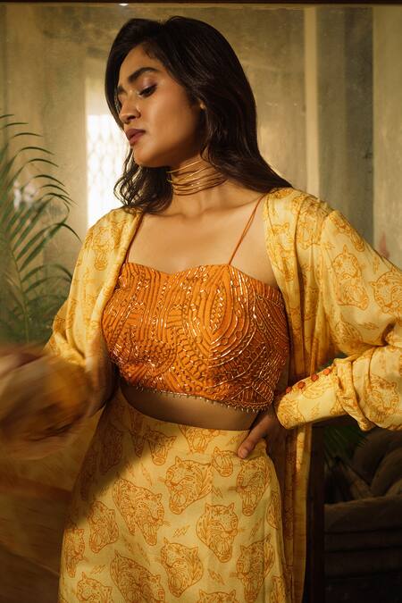 Shop_Suave_Orange Chiffon Cut Work, Embroidery Square Neck, Open Lynx Crop Top Pant Set _Online_at_Aza_Fashions