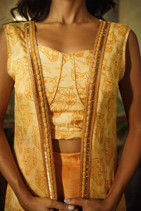Buy_Suave_Orange Crepe, Chiffon, Silk Beads Sweetheart Lynx Embroidered Jacket Pant Set _Online_at_Aza_Fashions