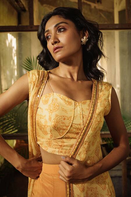 Shop_Suave_Orange Crepe, Chiffon, Silk Beads Sweetheart Lynx Embroidered Jacket Pant Set _Online_at_Aza_Fashions