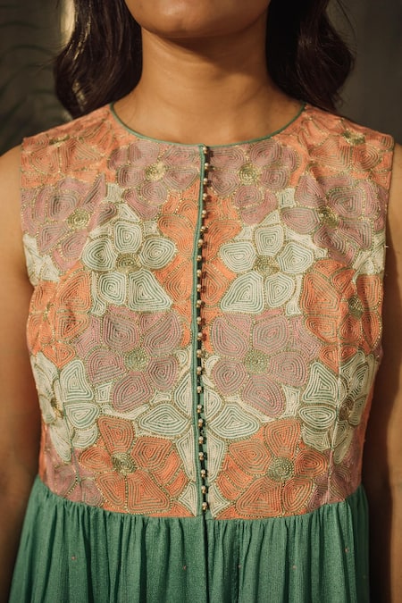 Buy_Suave_Blue Chiffon Embroidery Round Neck Floral Kurta And Sharara Set _Online_at_Aza_Fashions