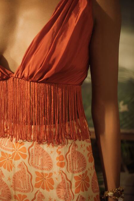 Shop_Suave_Orange Crepe, Chiffon Fringe Plunge Neck Wilderness Top Floral Pant Set _Online_at_Aza_Fashions