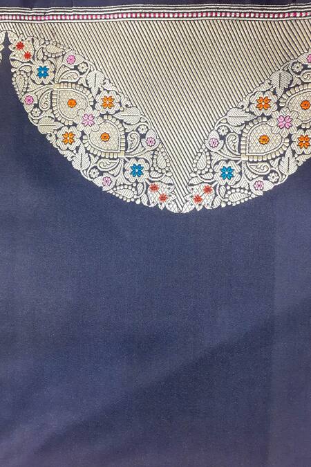 Shop_Priyanka Raajiv_Blue Mashroo Silk Scallop Kadua Pattern And & Bhagwati Bordered Brocade Saree_Online_at_Aza_Fashions