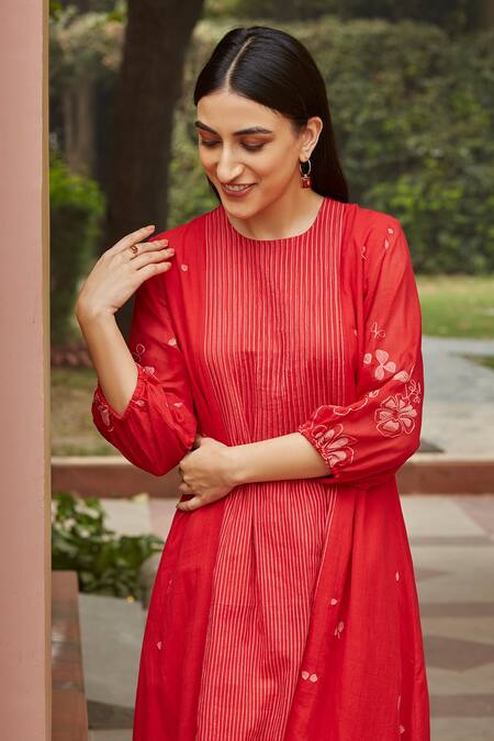 Vaayu Red Camellia Pinstripe Dress  3