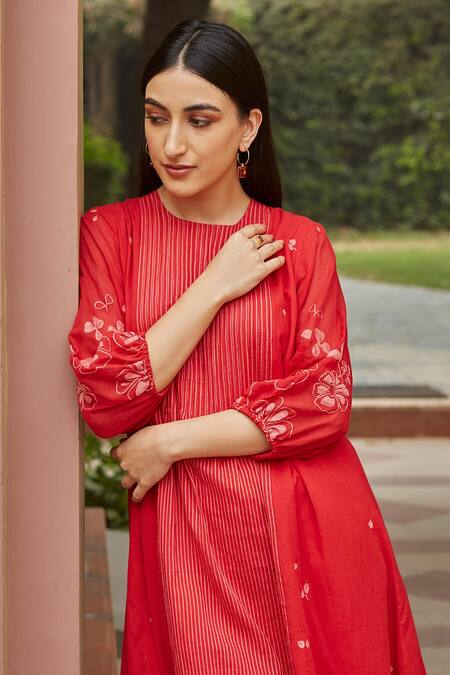 Vaayu Red Camellia Pinstripe Dress  4