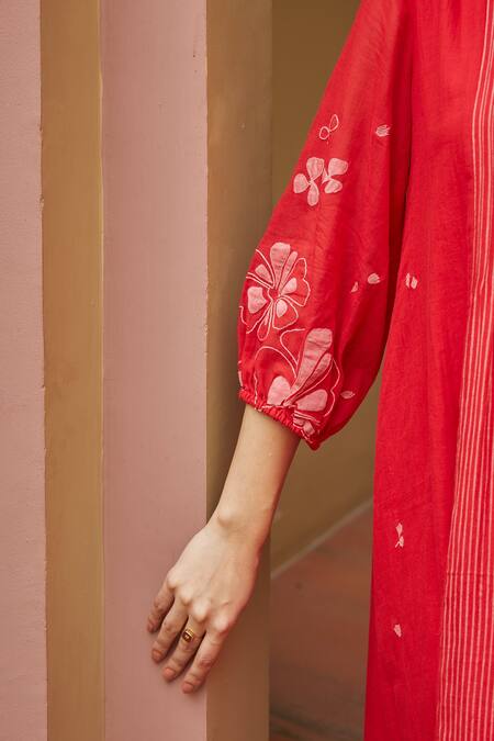 Vaayu Red Camellia Pinstripe Dress  5