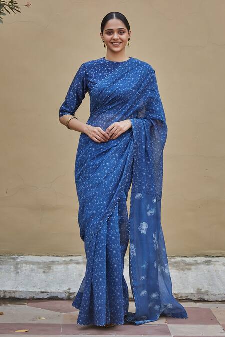 Buy Vaayu Blue Cotton, Muslin Embroidery Round Bloom Discharge Print Saree With Blouse Online at Aza Fashions Buy_Vaayu_Blue Cotton, Muslin Embroidery Round Bloom Discharge Print Saree With Blouse_Online_at_Aza_Fashions