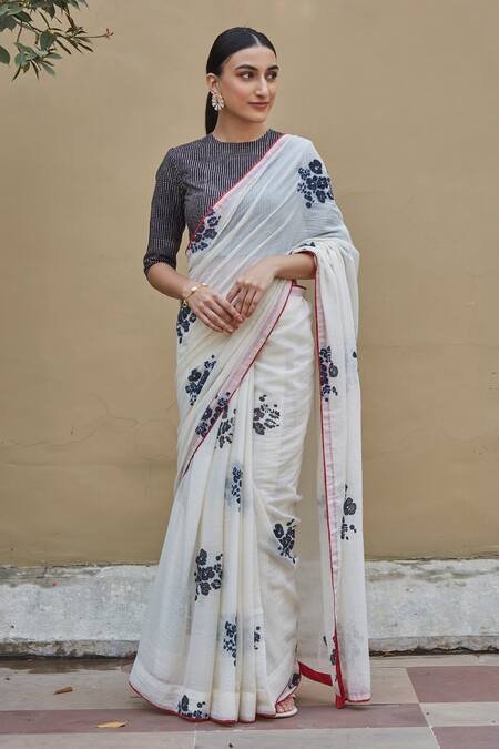 White block Printed linen Saree