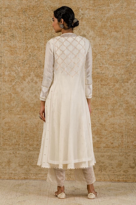Shop_Devnaagri_White Organza, Chanderi, Shantoon Mukaish V Embroidered Anarkali Set With Jacket _Online_at_Aza_Fashions