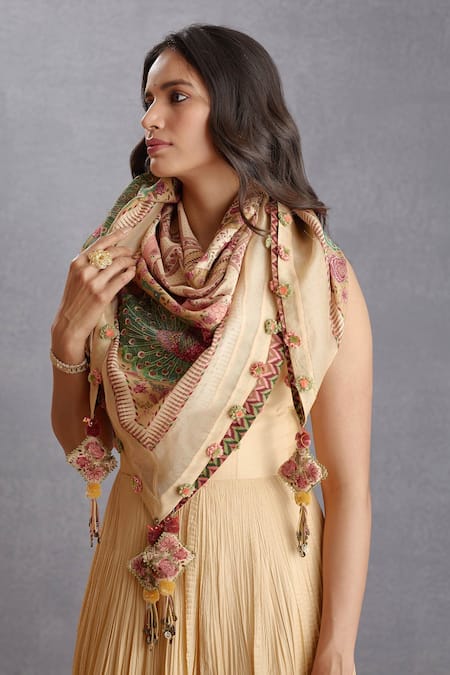 Torani Beige Applique, Tassels Kasturi Rania Scarf