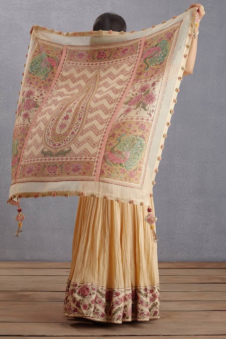 Shop Torani Beige Applique, Tassels Kasturi Rania Scarf at Aza Fashions Shop_Torani_Beige Applique, Tassels Kasturi Rania Scarf _at_Aza_Fashions