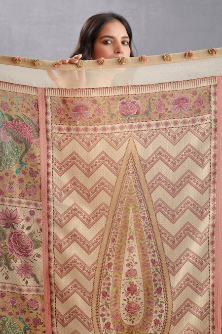 Torani Beige Applique, Tassels Kasturi Rania Scarf Online at Aza Fashions Torani_Beige Applique, Tassels Kasturi Rania Scarf _Online_at_Aza_Fashions