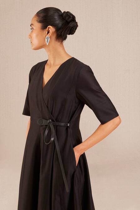 Shop_Ampm_Black Chanderi 70 Gm V Neck Alizeh Dress _Online_at_Aza_Fashions