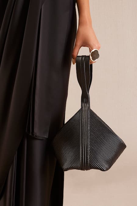 Shop_Ampm_Black Silk Round Neck Pintuck Cap Sleeve Saree Gown _Online_at_Aza_Fashions