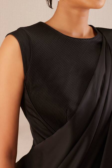 Ampm_Black Silk Round Neck Pintuck Cap Sleeve Saree Gown _at_Aza_Fashions