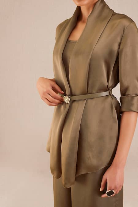 Buy Ampm Brown Satin, Organza Buckles Mana Open Front Throw And Palazzo Set Online at Aza Fashions Buy_Ampm_Brown Satin, Organza Buckles Mana Open Front Throw And Palazzo Set _Online_at_Aza_Fashions