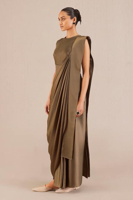 Ampm Brown Silk Round Neck Taupe Pintuck Cap Sleeve Saree Gown Online at Aza Fashions Ampm_Brown Silk Round Neck Taupe Pintuck Cap Sleeve Saree Gown _Online_at_Aza_Fashions