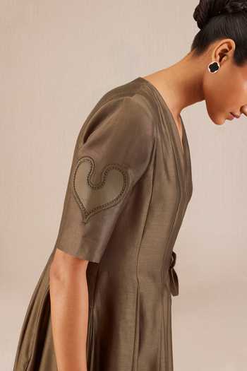 Buy_Ampm_Grey Chanderi V-neck Alizeh A-line Dress _Online_at_Aza_Fashions