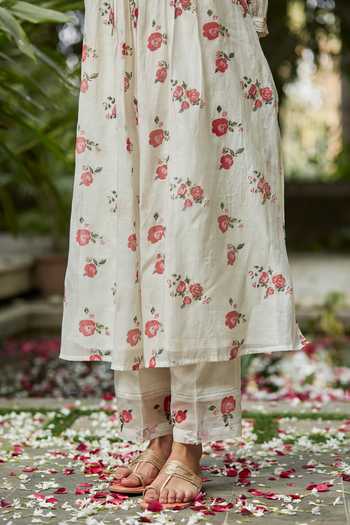 Juanita By Shubhda_Ivory Handloom , Rose And Jasmine Print Kurta & Trouser Set_Online_at_Aza_Fashions