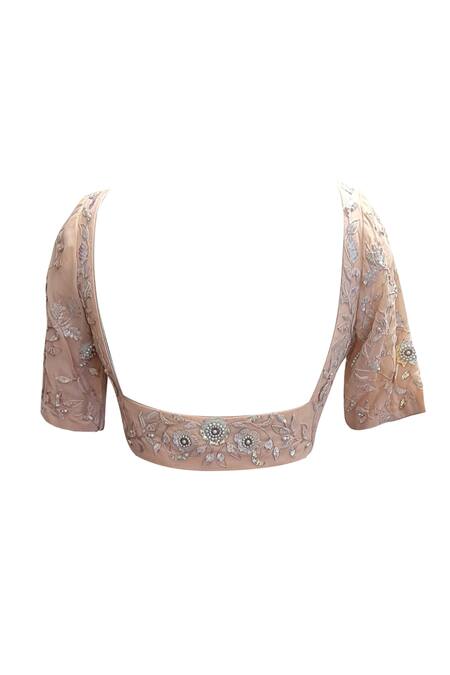 House Of Mithi Kalra_Peach Georgette Embroidered Sequins Square Floral Blouse Lehenga Set  _Online_at_Aza_Fashions