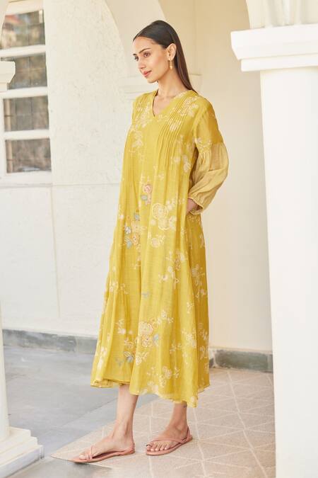 Vaayu Yellow Cotton, Muslin Embroidery V-neck Floral Print Dress Online at Aza Fashions Vaayu_Yellow Cotton, Muslin Embroidery V-neck Floral Print Dress _Online_at_Aza_Fashions