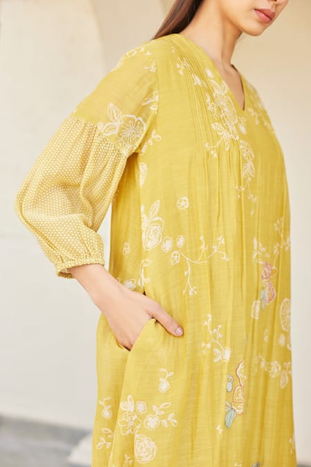 Buy Vaayu Yellow Cotton, Muslin Embroidery V-neck Floral Print Dress Online at Aza Fashions Buy_Vaayu_Yellow Cotton, Muslin Embroidery V-neck Floral Print Dress _Online_at_Aza_Fashions