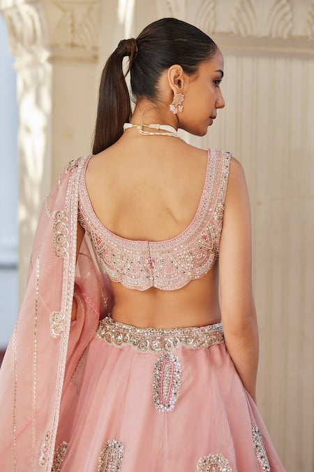Buy Osaa By Adarsh Pink Organza Zari, Embroidery Asymmetric Zardozi Bridal Lehenga Set Buy_Osaa By Adarsh_Pink Organza Zari, Embroidery Asymmetric Zardozi Bridal Lehenga Set
