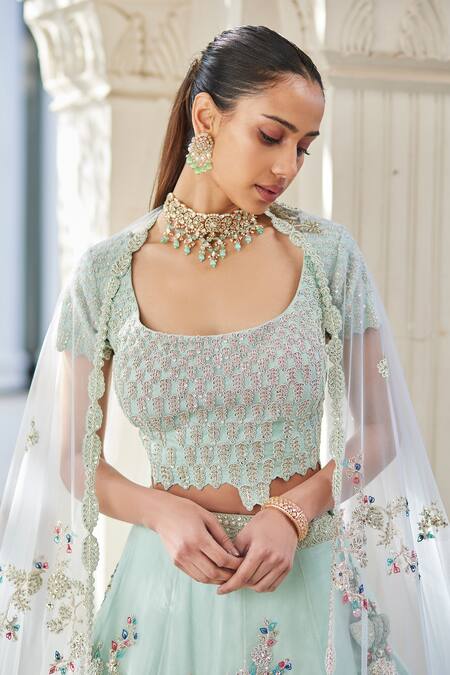 Shop Osaa By Adarsh Blue Organza Zari, Embroidery Scoop Neck Pastel Lehenga Set Online at Aza Fashions Shop_Osaa By Adarsh_Blue Organza Zari, Embroidery Scoop Neck Pastel Lehenga Set _Online_at_Aza_Fashions