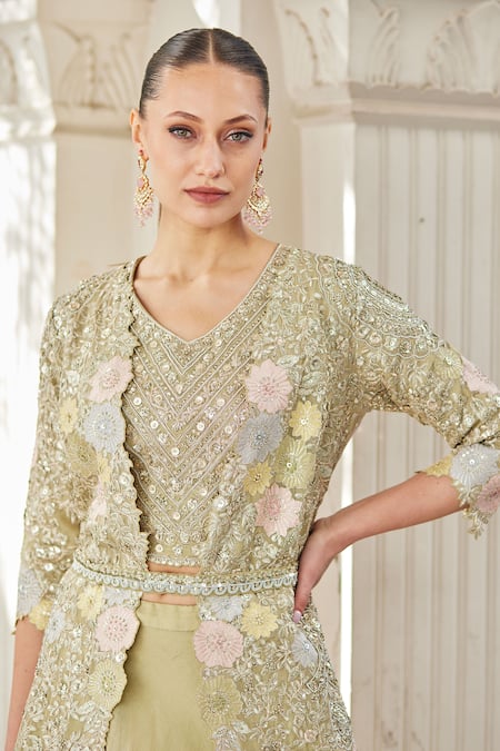 Osaa By Adarsh Green Tissue Embroidery, Zari V-, Open Jacket Lehenga Set Online at Aza Fashions Osaa By Adarsh_Green Tissue Embroidery, Zari V-, Open Jacket Lehenga Set _Online_at_Aza_Fashions