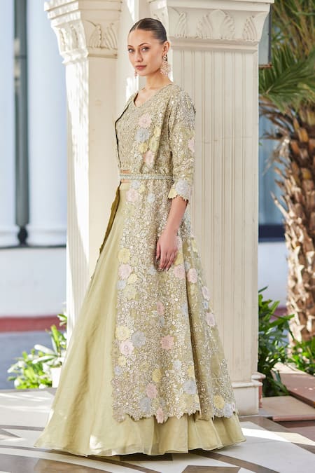 Buy Osaa By Adarsh Green Tissue Embroidery, Zari V-, Open Jacket Lehenga Set Online at Aza Fashions Buy_Osaa By Adarsh_Green Tissue Embroidery, Zari V-, Open Jacket Lehenga Set _Online_at_Aza_Fashions