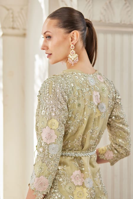 Shop Osaa By Adarsh Green Tissue Embroidery, Zari V-, Open Jacket Lehenga Set Online at Aza Fashions Shop_Osaa By Adarsh_Green Tissue Embroidery, Zari V-, Open Jacket Lehenga Set _Online_at_Aza_Fashions