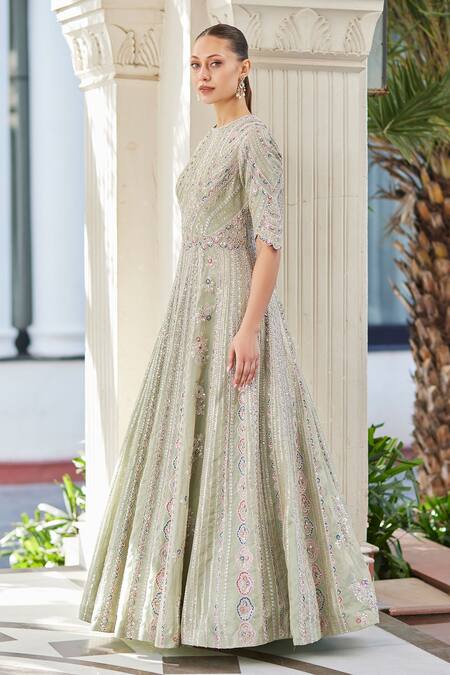 Osaa By Adarsh Blue Tissue Embroidery Round Neck Linear Pattern Gown Online at Aza Fashions Osaa By Adarsh_Blue Tissue Embroidery Round Neck Linear Pattern Gown_Online_at_Aza_Fashions