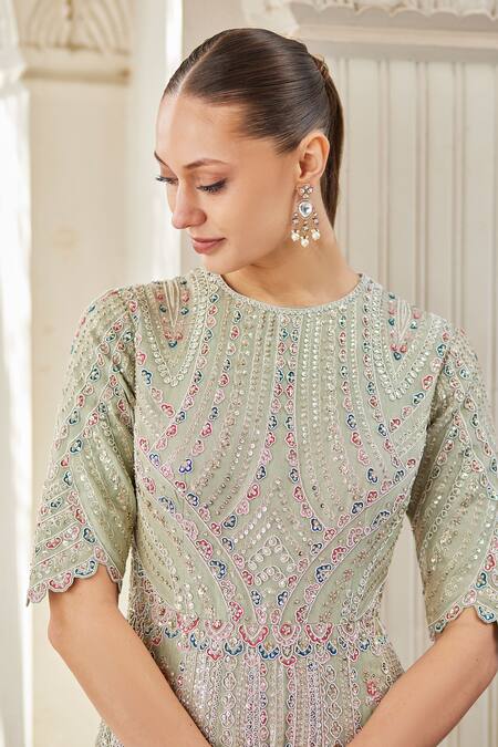 Buy Osaa By Adarsh Blue Tissue Embroidery Round Neck Linear Pattern Gown Online at Aza Fashions Buy_Osaa By Adarsh_Blue Tissue Embroidery Round Neck Linear Pattern Gown_Online_at_Aza_Fashions