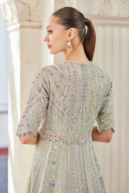 Shop Osaa By Adarsh Blue Tissue Embroidery Round Neck Linear Pattern Gown Online at Aza Fashions Shop_Osaa By Adarsh_Blue Tissue Embroidery Round Neck Linear Pattern Gown_Online_at_Aza_Fashions