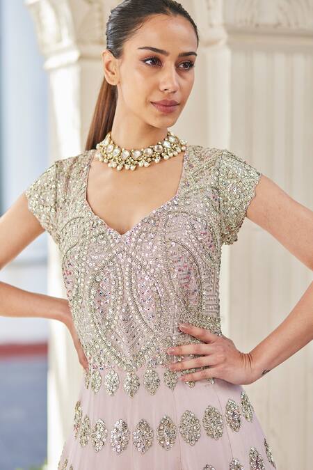 Osaa By Adarsh_Purple Silk Embroidery, Applique, Zari Split Sequin Anarkali With Dupatta_Online_at_Aza_Fashions