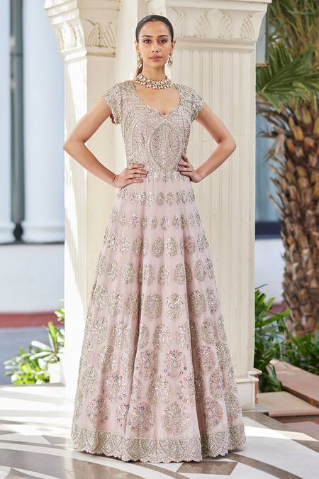 Buy_Osaa By Adarsh_Purple Silk Embroidery, Applique, Zari Split Sequin Anarkali With Dupatta_Online_at_Aza_Fashions