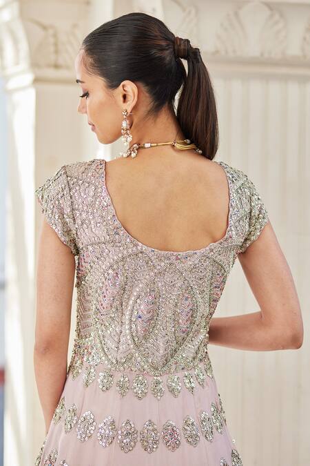 Osaa By Adarsh_Purple Silk Embroidery, Applique, Zari Split Sequin Anarkali With Dupatta_at_Aza_Fashions