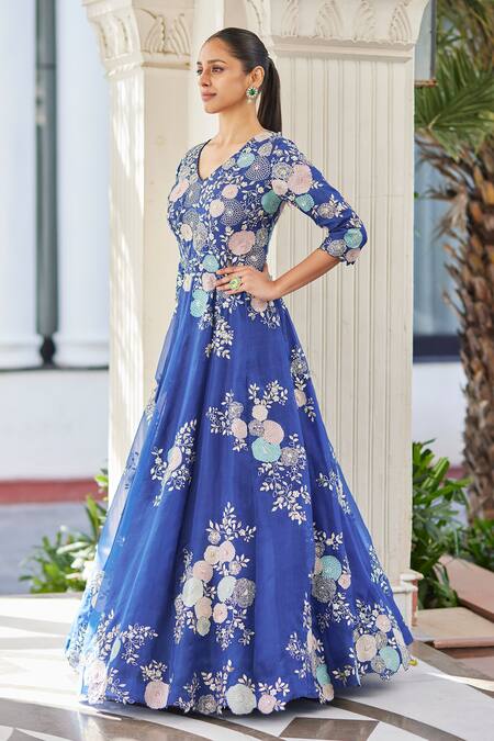 Osaa By Adarsh_Blue Organza Embroidery Floral Applique V Neck Flower Gown  _Online_at_Aza_Fashions