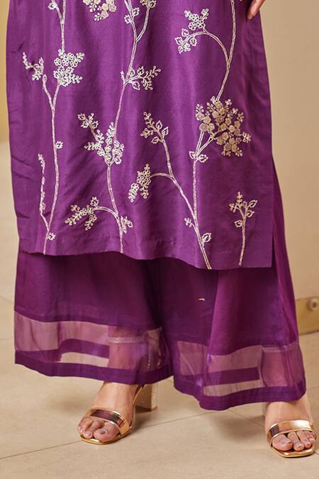 Shop_Osaa By Adarsh_Purple Silk Embroidery Split V-neck Banarasi Flower Kurta Set_Online_at_Aza_Fashions