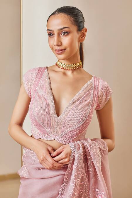 Buy_Osaa By Adarsh_Pink Organza Sequins, Embroidery V-neck Rose Saree With Blouse_Online_at_Aza_Fashions