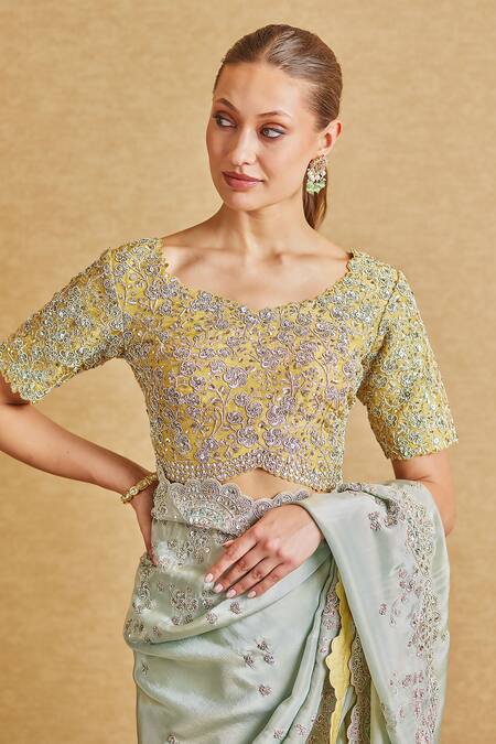 Buy Osaa By Adarsh Blue Silk, Tissue Embroidery Scoop Neck Hand Scallop Trim Saree With Blouse Online at Aza Fashions Buy_Osaa By Adarsh_Blue Silk, Tissue Embroidery Scoop Neck Hand Scallop Trim Saree With Blouse _Online_at_Aza_Fashions