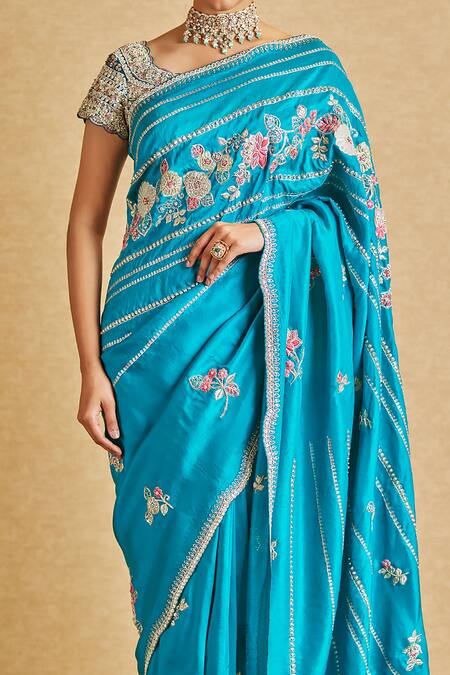 Buy_Osaa By Adarsh_Green Silk Embroidery Round Neck Flower Vine Hand Saree With Blouse_Online_at_Aza_Fashions