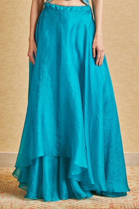 Osaa By Adarsh_Green Organza Zari, Embroidery Round Neck Top And Skirt Set _Online_at_Aza_Fashions