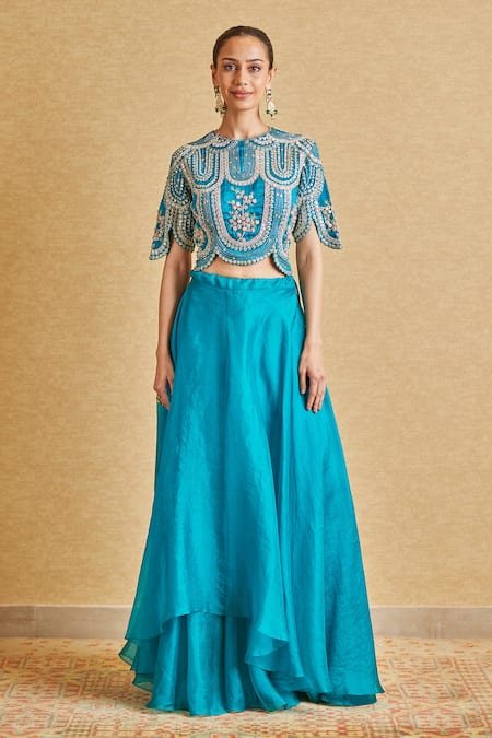 Buy_Osaa By Adarsh_Green Organza Zari, Embroidery Round Neck Top And Skirt Set _Online_at_Aza_Fashions