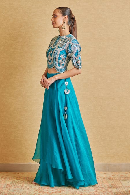 Shop_Osaa By Adarsh_Green Organza Zari, Embroidery Round Neck Top And Skirt Set _Online_at_Aza_Fashions