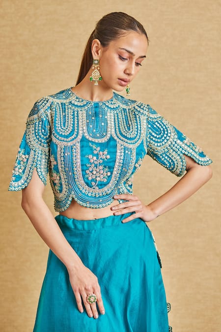 Osaa By Adarsh_Green Organza Zari, Embroidery Round Neck Top And Skirt Set _at_Aza_Fashions