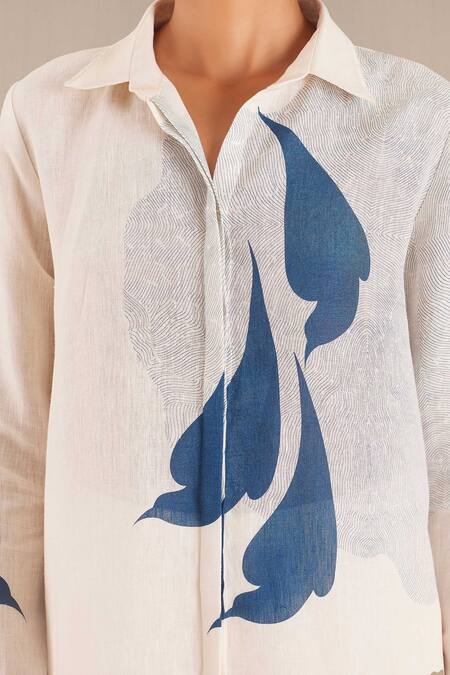 Ampm Ivory Linen Embroidery Shawl Neck Bird Motif Shirt And Pant Set at Aza Fashions Ampm_Ivory Linen Embroidery Shawl Neck Bird Motif Shirt And Pant Set _at_Aza_Fashions